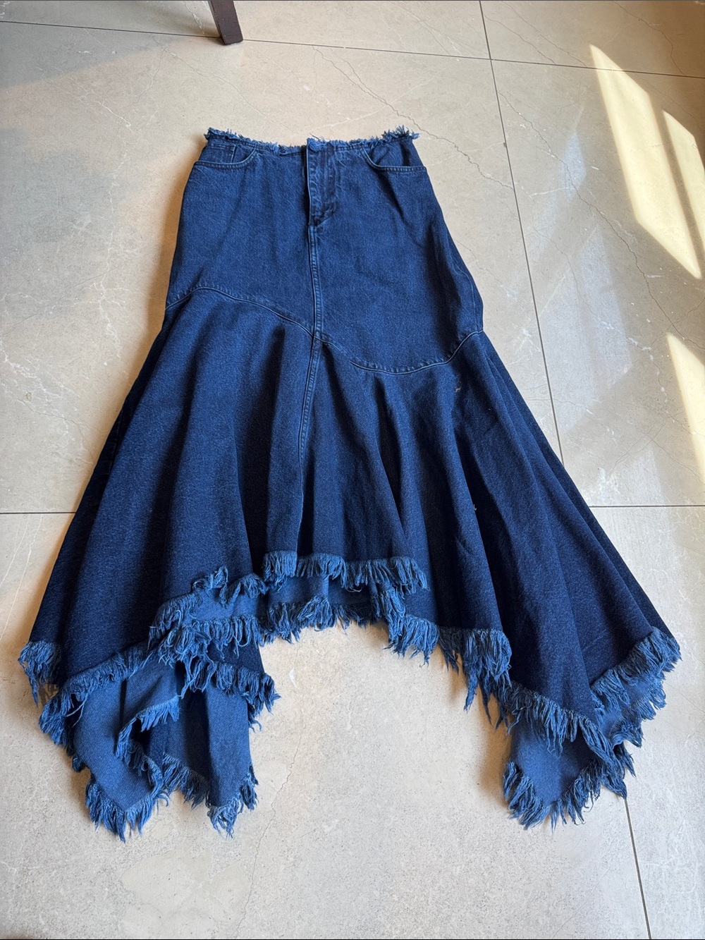 Asymmetrical Fringed Denim Maxi Skirt - Dark Blue